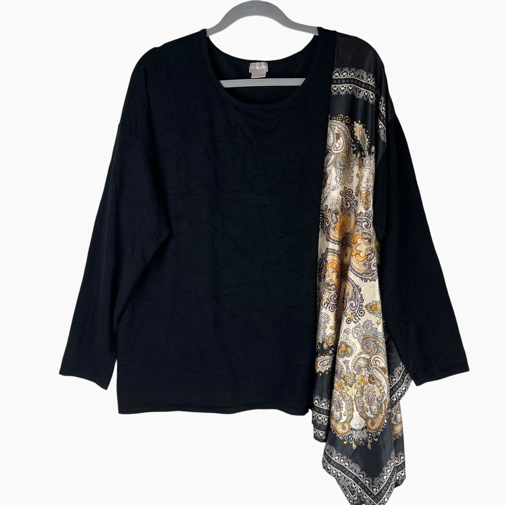 Chico's Black Sweater Top Size 3 XL 16 Womens Scarf‎ Paisley Gold Gray